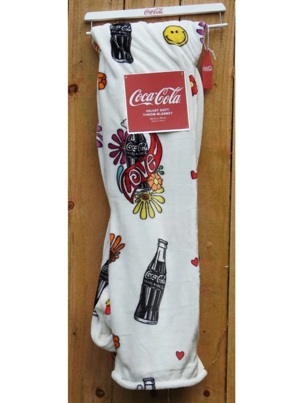 Coca Cola Retro Love Flowers Smiley Face Velvet Plush Throw Blanket 60x70 NWT